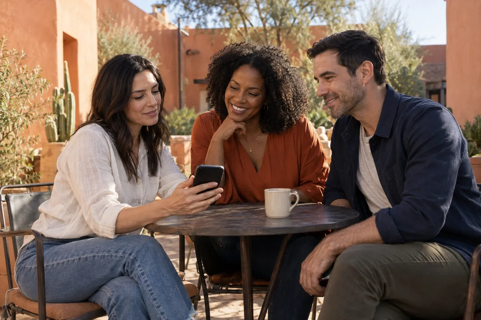 Illustrative scene of three friends sharing a moment over a phone at an Arizona cafe.